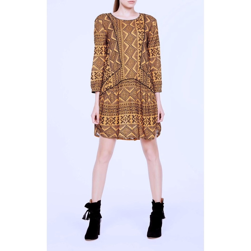 BA&SH Mara Embroidered Geometric Drop Waist Dress‎ Golden Yellow Size 2 / Medium